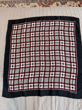 Jaeger Black, White & Red Geometric Plaid Silk Scarf
